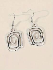 1 Pair Vintage Rectangular Spiral Pattern Earrings, Fashionable Women's Versatile Earrings, Multiple Colors Available - Antique Silver - View 6