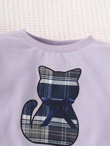 1 件女童休闲“我的猫”字母、蝴蝶结和猫图案柔软针织长袖运动衫连衣裙，格子图案，秋冬 - 紫色 - 查看 3