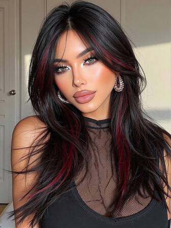 16 Inch Long Straight Hair Wig With Bangs Wine Red Wigs For Women Synthetic Wigs For Girls Daily Party Use Black Heat Resistant Long Curly