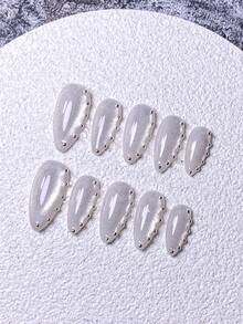 10 Pieces Of Handcrafted Press-On Short Nails, French Tip Nails, False Nails, Pink Nails, Red Nails, White Nails, Gold Nails, Black Nails, Brown Nails, Cat's Eye Nails, Cute Nails, Hand-Painted Gold-Edged Heart-Shaped Reflective Cat's Eye, Sea Star Decoration, Cute And Luxurious Style, Comes With Nail Art Tools, Quick And Easy Wear And Removal, Reusable Almond-Shaped Press-On Nails. - White - View 3