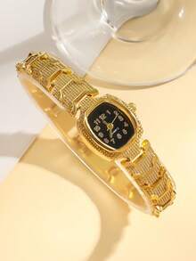 2025 New Women's Luxury Gold Watch, Barrel-Shaped Dial, Stainless Steel Strap, Fashionable Quartz Wristwatch - Gold - View 5