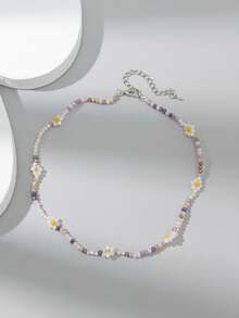 1 pieza Collar de mujer con flores de cuentas en bloque de color dulce y fresco, adecuado para uso diario (color de cuentas aleatorio)