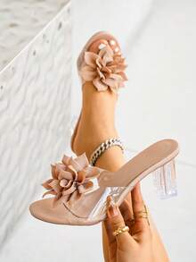 女士高跟凉鞋，时尚透明露趾套脚鞋，3D立体花卉装饰，透明水晶鞋跟，适合日常休闲及派对穿着，春夏款 - 杏色 - 查看 1