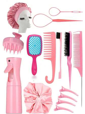 15Pcs Pink Hair Styling Tool Set – Includes Satin Bonnet, Spray Bottle, Wide Tooth Comb, Edge Brush, Hair Clips, Scalp Massager, Elastic Scrunchie & More – Complete Hair Care Accessories Kit For Women, Girls, Curly Hair, Braids & Daily Styling Use