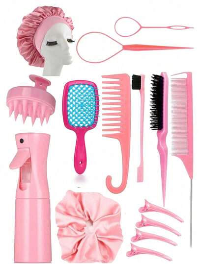 15件套粉色美发造型工具套装 – 包括缎面睡帽、喷雾瓶、宽齿梳、边缘梳、发夹、头皮按摩器、弹性发圈等 – 女士、女孩、卷发、编发及日常造型的完整护发配件套装，适用于头发、旅行、美发产品、美发工具、美发用品、理发师、理发配件、理发店、美发设备