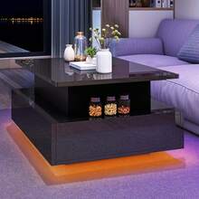 Yitahome Lift Top Coffee Table, High Glossy With LED Strip, Modern Wooden Rectangle Tea Table With 2 Drawers, Black -By GeoTower - Black - View 8