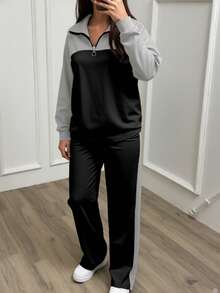 女士休闲套装，宽松翻领上衣搭配阔腿裤两件套，秋冬款 - 黑色 - 查看 3