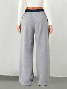 少女加厚长裤，时尚蝴蝶结数字印花设计，休闲阔腿运动裤，户外甜美运动风 - 淺灰色 - 查看 5