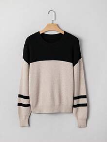 Acelitt Lässiger Rundhals-Pullover mit kontrastfarbigen gestrickten Streifendetails an den Ärmeln, geeignet für den täglichen Wintergebrauch - Verschiedenfarbig - Übersicht 4