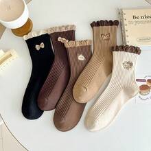 5 双蝴蝶蕾丝边中筒袜，适合女士，百搭，春秋 - 彩色 - 查看 4