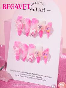 BEGAVET Y2K Nails 10pcs Handmade Salon Quality Nail Art Press On Nails Pink Nails Long Stilletto Exclusive Design 3D Nails With 3D Charms, Suitable For Parties/Music Festival And Daily Wear - Pink - View 4