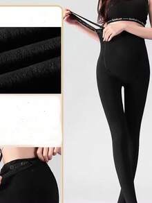 1 件黑色孕妇踝长紧身裤，厚保暖内衬，可调节腹带，适合日常穿着 - 黑色 - 查看 3