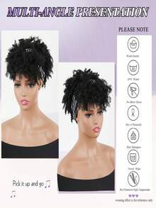Curly Wigs For Women, Headband Wigs With Bangs, Synthetic Short Afro Kinky Curly Wig With Headband Attached, Drawstring High Afro Puff Brown Curly Wig Turban - 黑色 - 查看 4