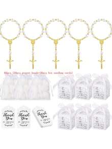 粉色玫瑰十字架念珠手链，配欧根纱袋，生日派对礼物，周年纪念礼物 - 粉紅色-30件 - 查看 13