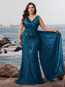 女士加大码优雅高品质亮片串珠修身 V 领无袖优雅高端鸡尾酒正式晚礼服，性感 V 背奢华美人鱼舞会礼服（重度装饰） - 水鴨藍 - 查看 4