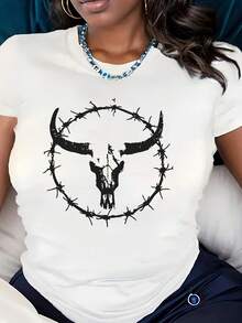 Black Short Sleeve T-Shirt With Bull Skull And Barbed Wire Print - Casual Wear For Women, Perfect For Daily Outfits, Streetwear, And Fashion Statements - trắng - Xem 1