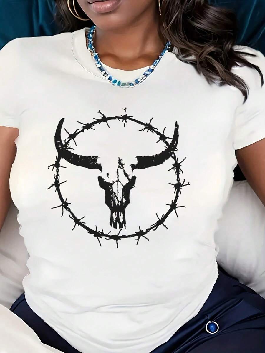 Black Short Sleeve T-Shirt With Bull Skull And Barbed Wire Print - Casual Wear For Women, Perfect For Daily Outfits, Streetwear, And Fashion Statements - trắng - Xem 1