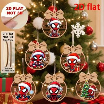  6 piezas Decoraciones de adorno de árbol de Navidad plano 2D de Marvel, adornos de madera con temática de Spider-Man, adecuados para árbol de Navidad, puerta, ventana, fiesta en casa, para agregar ambiente festivo, mejor opción para decoración de árbol de Navidad