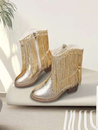 Girls' Western Cowboy Boots With Sparkling Tassel Pointed Western Boots Thick Heel Wide Boots