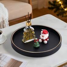 Gold-Edged PU Leather Round Storage Tray With Vertical Stripes, For Holding Small Items/Cosmetics. Luxury Aesthetics, 3 Colors Interpret The Exquisite Life, Room Decor - Multicolor - View 11