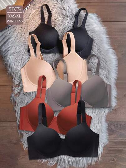 5pcs/Set Black, Skin Color, Grey, Red Wireless Seamless Bras, Comfortable Breathable Padded Bras With Wide Straps, Elegant Everyday Simple Ladies Underwear