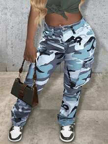 Women's Casual Camouflage Print Straight Leg Cargo Pants Christmas Day - 水鴨藍 - 查看 5