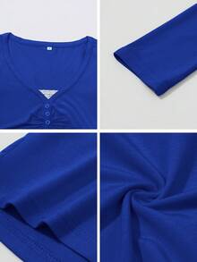 GAOVOT 女士T恤，Y2K休闲日常性感纯色蕾丝拼接修身长袖V领上衣，适合通勤 - 寶藍色 - 查看 10