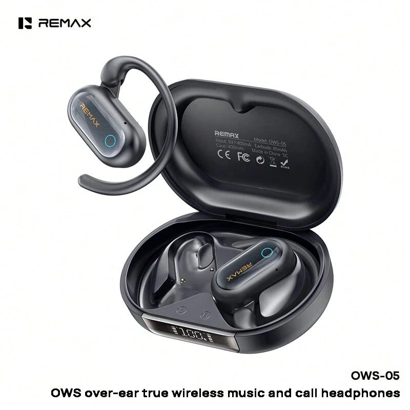 REMAX Auriculares inalámbricos Bluetooth OWS-05 con gancho para ambas orejas, totalmente inalámbricos para música y llamadas, color azul marino - Tierra Azul Tibetana - Ver 1