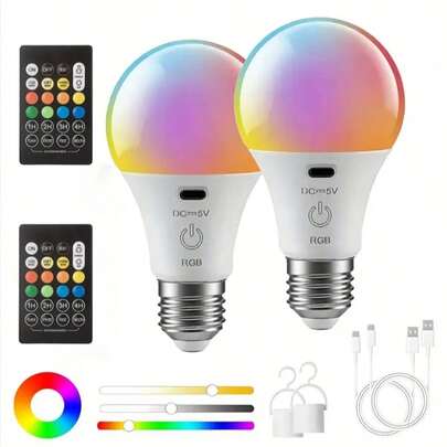 2 bombillas LED inalámbricas con control remoto, luces RGB regulables y de color cambiante, recargables por USB, 15 modos de iluminación, temporizador, adecuadas para lámparas, escritorios, patios, uso interior/exterior - Ideal para el hogar, la oficina, fiestas, camping - Reemplazo LED, iluminación de fiesta, diseño elegante, estructura, decoración del hogar, bombillas eficientes energéticamente