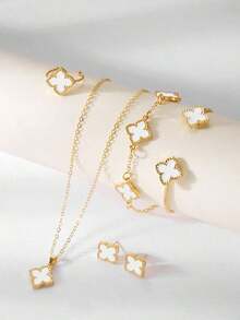 6pcs Vintage Gold Plated Carved 5-Petal Flower Pendant Necklace Bracelet Ring Earrings Jewelry Set For Women [Random Tassel - 白色 2 - 查看 5