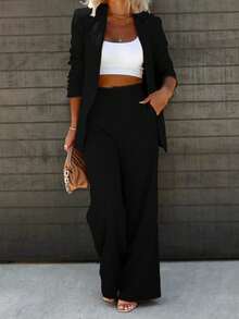 Elegant Solid Color Suit Jacket & Pants Set - màu đen - Xem 10