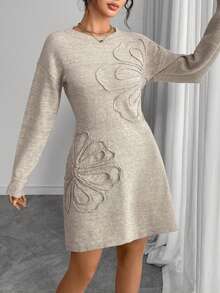 Plus Size Solid Color Casual Knit Sweater Dress - Khaki - View 6