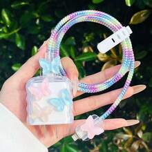 5pcs Colorful Butterfly Charger Protection Set, Includes Data Cable Protector, Charger Head Cover, Compatible For IPhone 12/13/14 Series And For IPhone 20W Charger Shell, Travel Essential, Butterfly Design, Flexible Material, Durable Plastic, Tech Enthusiast - Multicolor - View 1