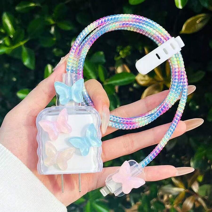 5pcs Colorful Butterfly Charger Protection Set, Includes Data Cable Protector, Charger Head Cover, Compatible For IPhone 12/13/14 Series And For IPhone 20W Charger Shell, Travel Essential, Butterfly Design, Flexible Material, Durable Plastic, Tech Enthusiast - Multicolor - View 1