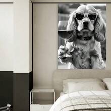 Framed 1PC English Cocker Spaniel Drinking Wine Poster, Bar Cart Print, Black And White, Funny Kitchen Wall Art, English Pub Decor Creative Wall Art Canvas Painting High-Quality Print, Waterproof,Fade-Resistant, 2D Perfect Gift For Him/Her, Enthusiasts, Ideal For Seasonal Decor,Event Supplies, Birthdays,Valentine's Day, Mother's Day, New Year, Halloween,Thanksgiving Day,  Christmas, Easter - 框架 - 查看 3