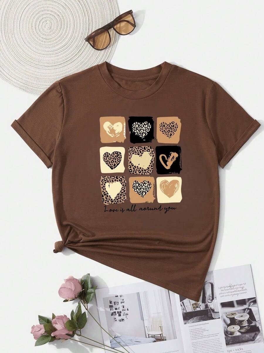 T-Shirt Love Heart  Babylook 100% Cotton - màu nâu - Xem 1