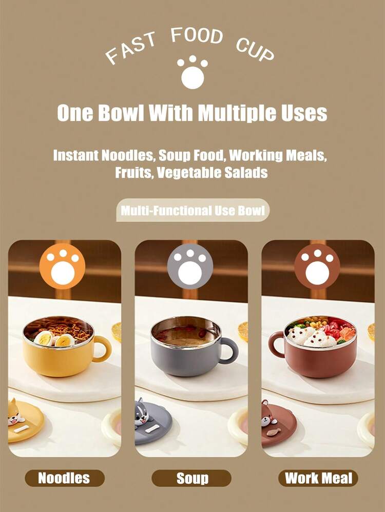 Cute Kitchen 1/2pcs 1200ml Stainless Steel Salad/Ramen Bowl, Large Capacity, Cute Cartoon Animal Pattern, Portable Design With Phone Holder, Suitable For Instant Noodles, Fruits, Salads, Pasta, Breakfast, Lunch, Dinner, Picnic, Thanksgiving, Back To School And More, Serves As Tableware And A Thoughtful Gift - Multicolor - View 8