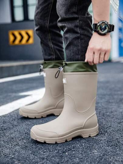 Fashionable Rain Boots, Unisex Drawstring Mid-Calf Delivery Rider Work Boots, Thick Sole, Anti-Slip