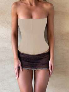 Onicee 女士夏季卡其色网纱系带抹胸休闲吊带背心，适合情人节、约会、聚会、派对、旅行、度假、海滩等场合。 - 卡其色 - 查看 11