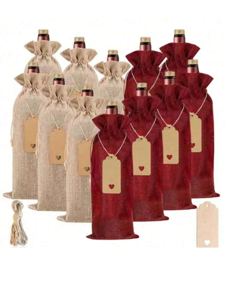 3/6/12pcs Wine Bottle Bags With Drawstrings, Jute Hessian Burlap Wine Gift Bottle Bags, Reusable Fabric Bottle Gift Bags, Reusable Gift Bags And Tags For Birthday Party Wedding Christmas New Year Decor Party Supplies, Christmas Gifts Christmas Decor - Multicolor - View 1