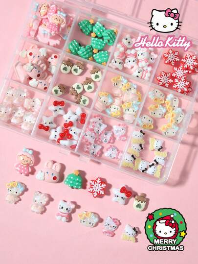 Sanrio Christmas Sanrio 12 Grids 96pcs Box Hello Kitty Cartoon Nail Charms Kit, Cute Hello Kitty Cat,Star,Christmas Tree And Snowflakes Design Nail Art Diy Mini Rhinestones Flatback Charms