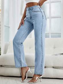 Women's Pearl Jeans, Distressed Denim Pants, High Waisted Straight Leg Pants - 淺色水洗藍 - 查看 5