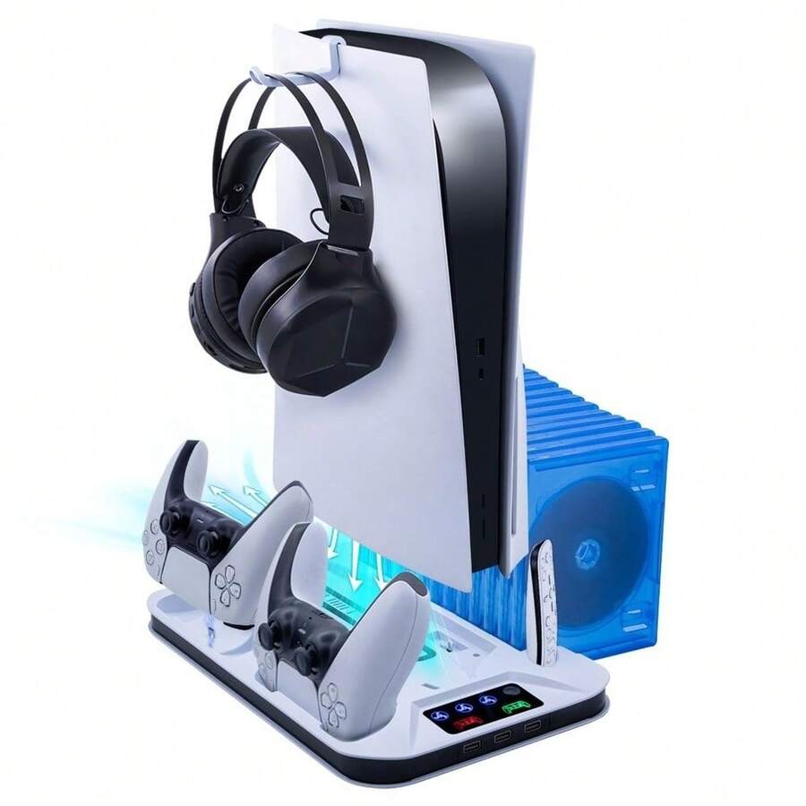 Game Console Vertical Cooling Stand With Dual Controller Charging Station, 3-Speed ​​Adjustable Fan For Enhanced Airflow, Compatible With  UHD And Digital Edition Consoles. - White - View 1