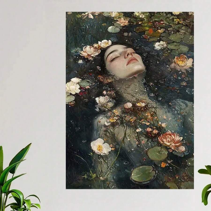 Framed Vintage Gothic Ophelia Painting - Dark Academia Feminine Decor, Professionally Framed Canvas Art In Vintage Golden Wood Frame (Ready-To-Hang) - Hauntingly Beautiful Wall Decor For Living Room, Bedroom, Gothic Home Office - Witchy Woman Portrait With Floral Undertones - Victorian-Inspired Gothic Literature Art Print, Gothic Decor, Bedroom Wall Art, Highquality Print, Bedroom Decoration, Ready To Hang, 2D Flat, Perfect For Room Decor - In ngẫu nhiên - Xem 1