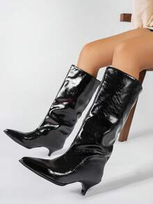 Women's Over-The-Knee Boots, New Autumn Fashion European And American Versatile Pointed Toe Elegant High Shaft Boots, Kitten Heel, Comfortable For Holiday Parties, Black Glossy - Black - View 3