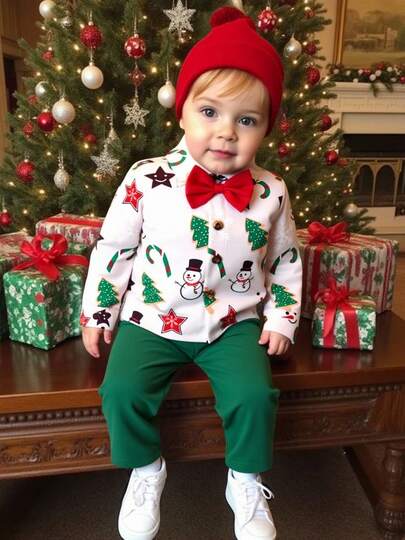 Conjunto de 2 piezas para bebé niño con camisa de manga larga con estampado de copos de nieve, árbol de Navidad, muñeco de nieve y bastón de caramelo, talla grande pantalón casual de color liso