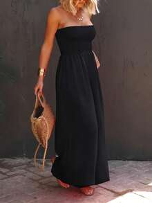 Womens Strapless Smocked Wide Leg Jumpsuit Sleeveless Casual Summer Chiffon Romper With Pockets - 黑色 - 查看 2