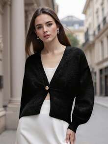 Women's Autumn Sweater Cardigan Long Sleeve V Neck One Button Solid Color Knitwear - Black - View 5