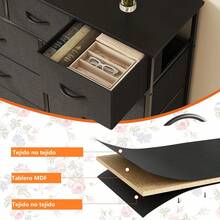 BURN Cómoda de 13 Cajones para Dormitorio, Cómoda de Tela con Tapa de Madera y Estructura de Acero, Mueble de Almacenamiento con Cajones de Tela para Dormitorio, Salón, Pasillo(Negro) - 1 - Ver 6