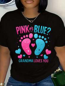 Pink Or Blue Grandma Loves You Print Round Neck Women's T-Shirt For Baby Gender Reveal Gift 220g Cotton T-Shirt - màu đen - Xem 1